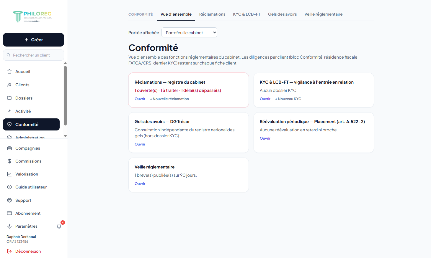Écran PhiloReg : vue d’ensemble conformité, KYC/LCB-FT, réclamations et gels des avoirs