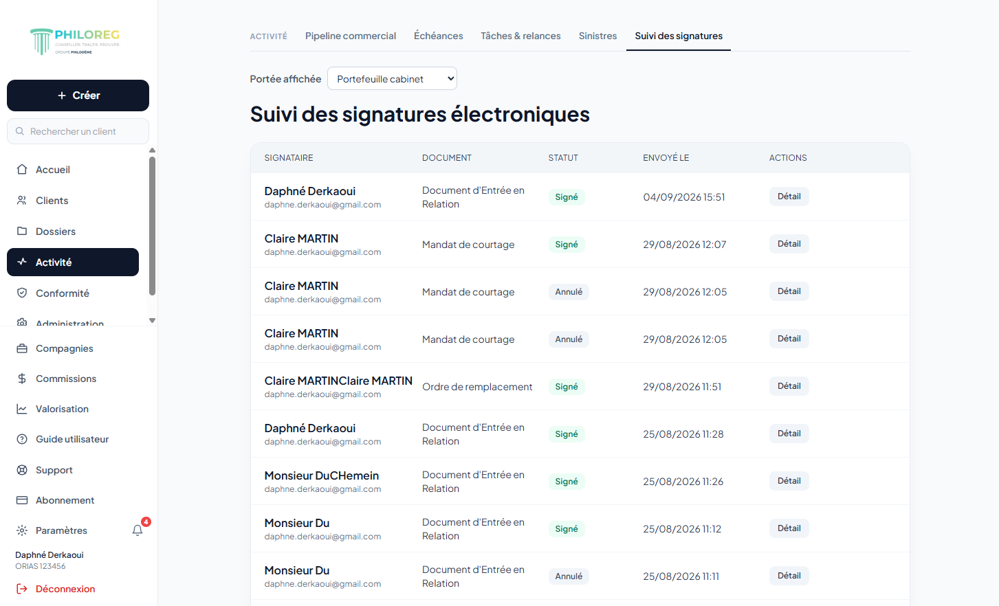 Écran PhiloReg : suivi des signatures électroniques, statut et historique